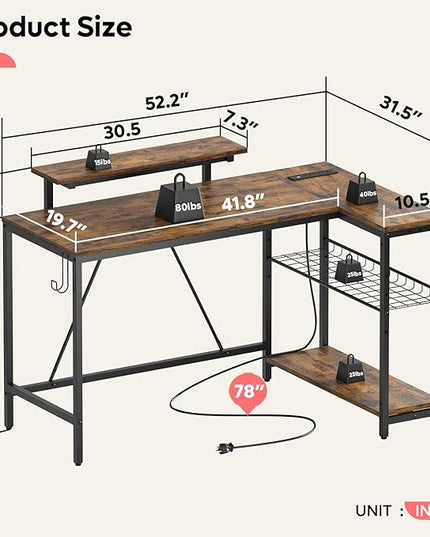 Bestier 52 Gaming Desk with Power Outlet & USB Ports,Reversible Small L Shaped Computer Desk with LED Strip & Headset Hooks,Corner Desk for Small Home Office Spaces,Bedroom Rustic - LeafyLoom