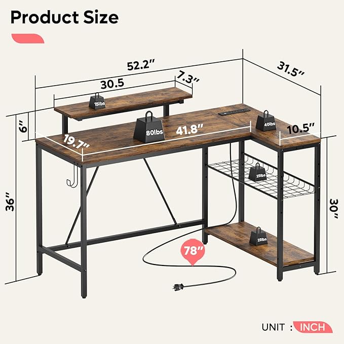 Bestier 52 Gaming Desk with Power Outlet & USB Ports,Reversible Small L Shaped Computer Desk with LED Strip & Headset Hooks,Corner Desk for Small Home Office Spaces,Bedroom Rustic - LeafyLoom