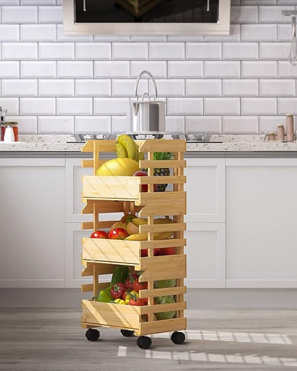 G.a HOMEFAVOR Bamboo Fruit Basket Stand, Potato and Onion Storage Cart, 3-Tier Fruit Basket with Wheels, Vegetable Storage for Kitchen Floor (Self-assembly) - LeafyLoom