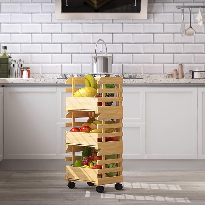 G.a HOMEFAVOR Bamboo Fruit Basket Stand, Potato and Onion Storage Cart, 3-Tier Fruit Basket with Wheels, Vegetable Storage for Kitchen Floor (Self-assembly) - LeafyLoom