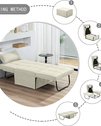 Sofa Bed, 4 in 1 Multi-Function Folding Ottoman Breathable Linen Couch Bed with Adjustable Backrest Modern Convertible Chair for Living Room Apartment Office, White - LeafyLoom