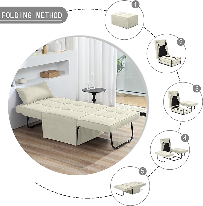 Sofa Bed, 4 in 1 Multi-Function Folding Ottoman Breathable Linen Couch Bed with Adjustable Backrest Modern Convertible Chair for Living Room Apartment Office, White - LeafyLoom