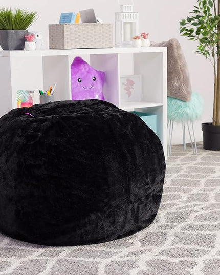 Posh Creations Bean Bag Chair for Kids, Teens, and Adults Includes Removable and Machine Washable Cover, Soft Faux Rabbit Fur - Black, 27in - Medium - LeafyLoom