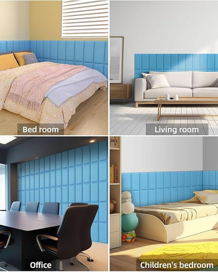 Peel and Stick Headboard Blue Upholstered Wall Panels, 4 Panels Sized 7.8" x 15.7", 3D Anti-Collision Soundproof Self-Adhesive Wall Panel for Bedroom，Living Room - LeafyLoom