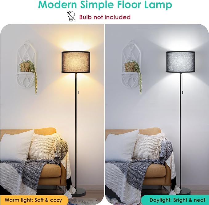 FOLKSMATE Floor Lamp for Living Room, LED Modern Simple Standing Lamp, Black Tall Lamps for Bedroom, Living Room, Office, Kids Room and Reading, Minimalist Pole Lamp with Shade, without Bulb - LeafyLoom