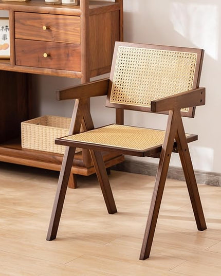 Rattan Accent Chairs, Modern Mid Century Dining Chairs Set of 2, Comfy Armchairs, Outdoor Rattan Chairs with Armrest for Bedroom Living Room Reading Room Dining Kitchen, Brown - LeafyLoom