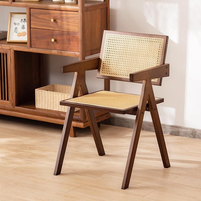 Rattan Accent Chairs, Modern Mid Century Dining Chairs Set of 2, Comfy Armchairs, Outdoor Rattan Chairs with Armrest for Bedroom Living Room Reading Room Dining Kitchen, Brown - LeafyLoom