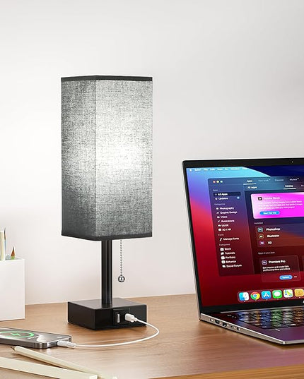 Black Small Table Lamp for Bedroom - 3 Color Temperature 3000K 5000K 4000K Bedside Lamp, Pull Chain Control, USB A and C Charging Ports, Black Base, for Kids Office Dorm Nightstand, Bulb Included - LeafyLoom