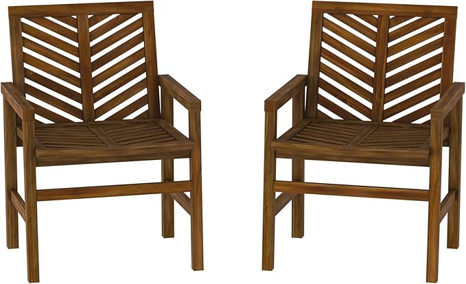 Walker Edison 2 Piece Outdoor Patio Chevron Wood Chair Set All Weather Backyard Conversation Garden Poolside Balcony, Set of 2, Dark Brown - LeafyLoom