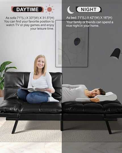 MUUEGM Futon Sofa Bed Convertible Memory Foam Sleeper Couch,Modern Faux Leather Loveseat for Living Room,Small Compact Space,Dorm,Office,Adjustable Armrests Backrest Sofabed, Black - LeafyLoom