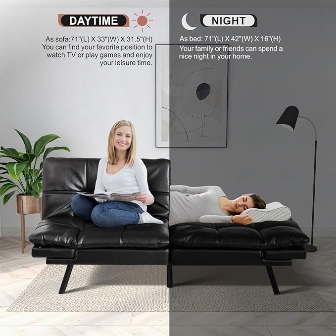 MUUEGM Futon Sofa Bed Convertible Memory Foam Sleeper Couch,Modern Faux Leather Loveseat for Living Room,Small Compact Space,Dorm,Office,Adjustable Armrests Backrest Sofabed, Black - LeafyLoom