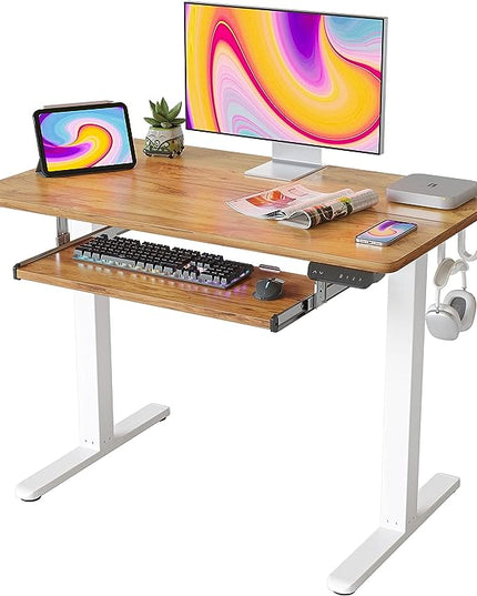 FEZIBO Standing Desk with Keyboard Tray, 40 × 24 Inches Electric Height Adjustable Desk, Sit Stand Up Desk, Computer Office Desk, Light Rustic - LeafyLoom