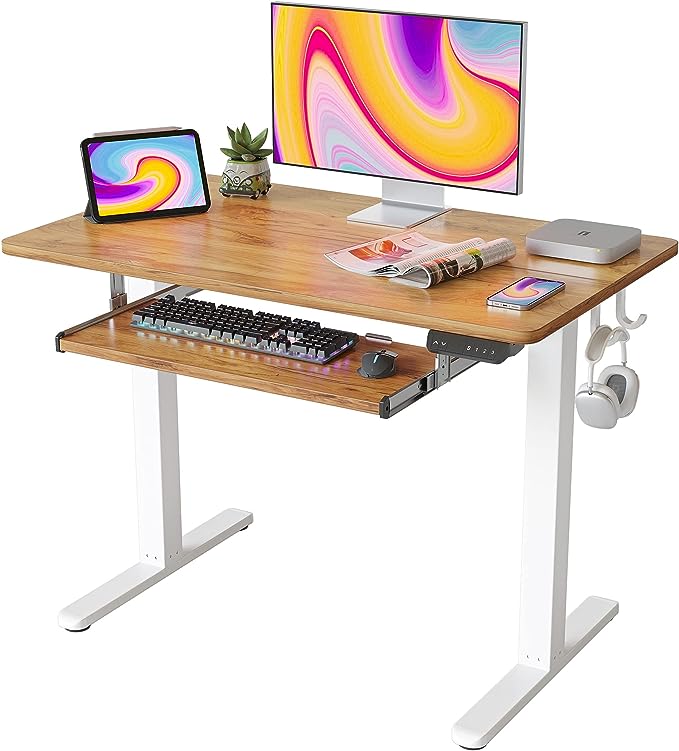 FEZIBO Standing Desk with Keyboard Tray, 40 × 24 Inches Electric Height Adjustable Desk, Sit Stand Up Desk, Computer Office Desk, Light Rustic - LeafyLoom