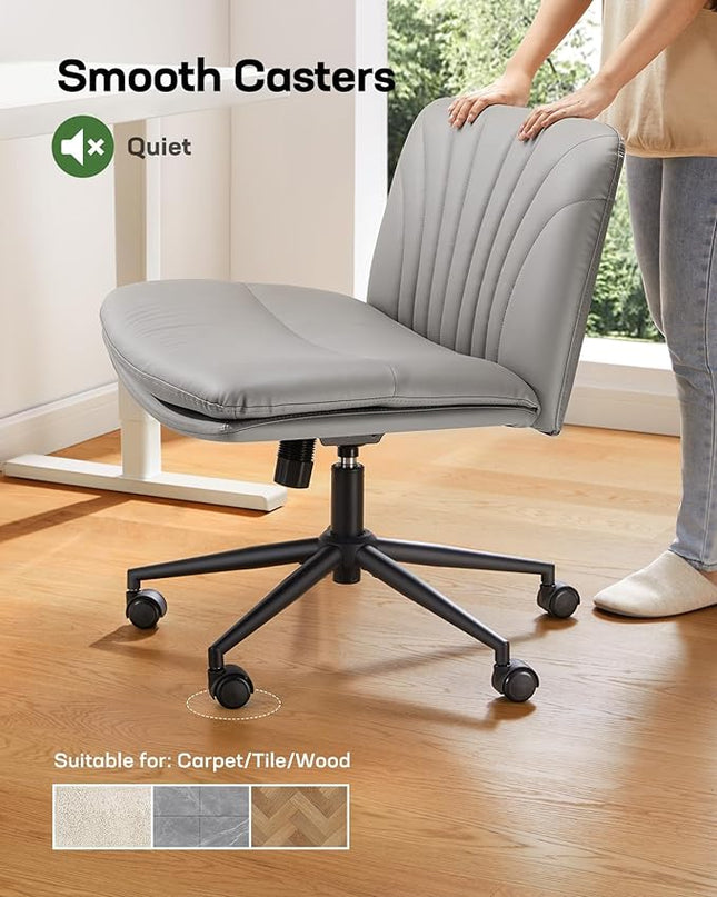 Marsail Armless-Office Desk Chair with Wheels: PU Leather Cross Legged Wide Chair,Comfortable Adjustable Swivel Computer Task Chairs for Home,Office,Make Up,Small Space,Bed Room, Grey - LeafyLoom
