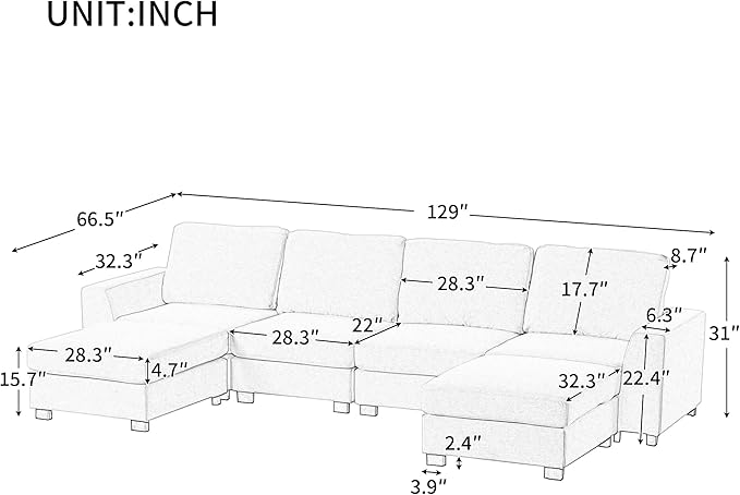 130.7" Large Sectional Sofa with Removable Ottomans, 3-Pieces Modular Upholstered Couch w/Double Chaise Lounges for Living Room Apartment Home,Spacious Space, 130.7 Inch, Beige - LeafyLoom