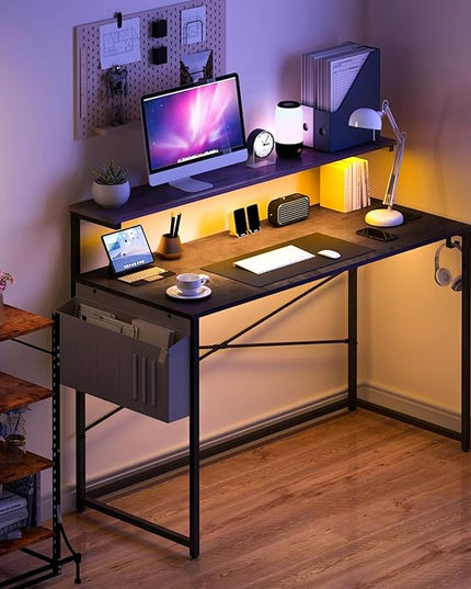 Yoobure Computer Desk with Power Outlets Fast Charging Type-C Included, Gaming Desk with LED Lights, 47" Office Desk with Adjustable Monitor Stand, Small Desk Home Office Desks with Storage Bag & Hook - LeafyLoom