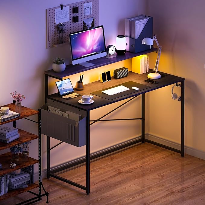 Yoobure Computer Desk with Power Outlets Fast Charging Type-C Included, Gaming Desk with LED Lights, 47" Office Desk with Adjustable Monitor Stand, Small Desk Home Office Desks with Storage Bag & Hook - LeafyLoom