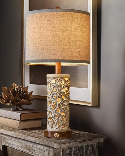 OYEARS 3-Way Dimmable 22'' USB A+C Touch Control Table Lamp with Nightlight for Living Room Bedroom Farmhouse Bedside Nightstand Lamps (Brown Bulb Included - LeafyLoom