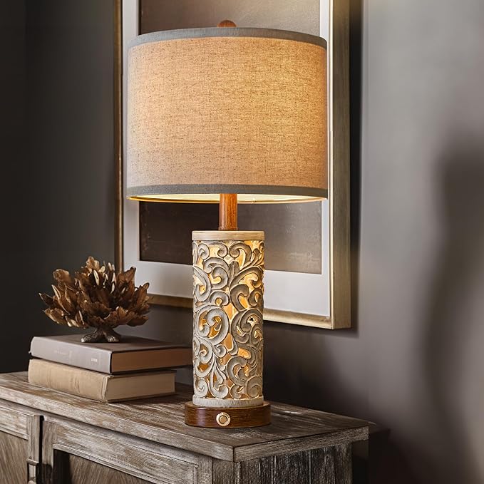 OYEARS 3-Way Dimmable 22'' USB A+C Touch Control Table Lamp with Nightlight for Living Room Bedroom Farmhouse Bedside Nightstand Lamps (Brown Bulb Included - LeafyLoom