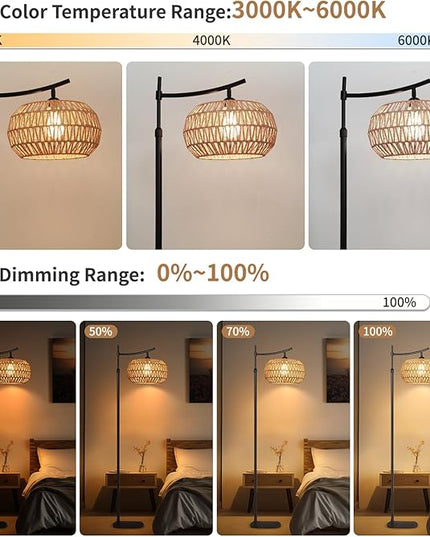 Arc Boho Farmhouse Black Floor Lamp, Standing Lamp with Rattan & Fabric Double Shade with Remote Control, Dimmable LED Bulb with 4 Color Temperature, Tall Pole for Living Room Bedroom Corner Office - LeafyLoom