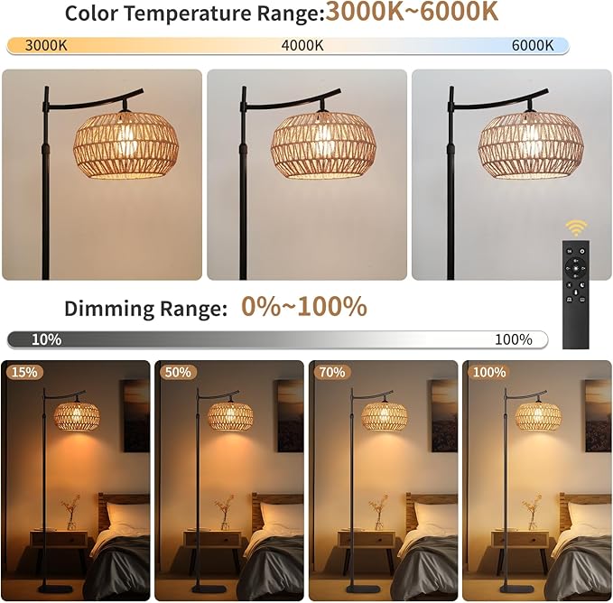 Arc Boho Farmhouse Black Floor Lamp, Standing Lamp with Rattan & Fabric Double Shade with Remote Control, Dimmable LED Bulb with 4 Color Temperature, Tall Pole for Living Room Bedroom Corner Office - LeafyLoom