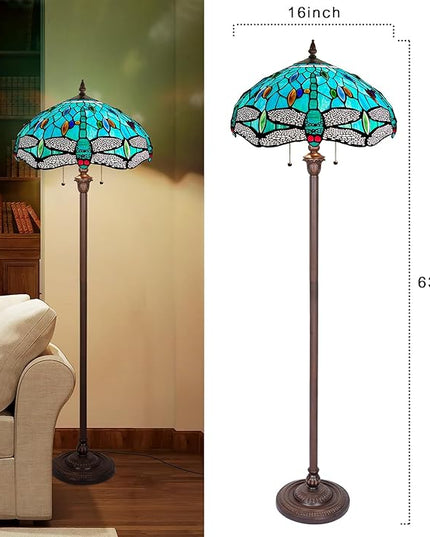 Capulina Tiffany Floor Lamp Sea Grass Dragonfly Style Stained Glass Standing Light Industrial Dark Bronze Pole for Living Room Bedroom Home Office - LeafyLoom