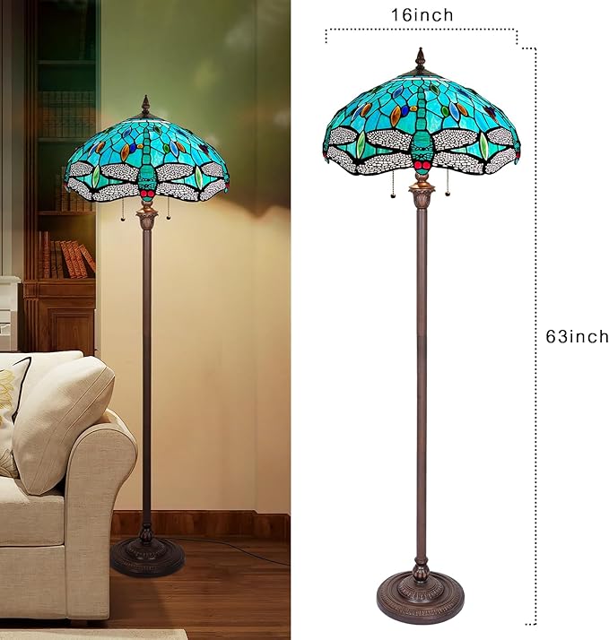 Capulina Tiffany Floor Lamp Sea Grass Dragonfly Style Stained Glass Standing Light Industrial Dark Bronze Pole for Living Room Bedroom Home Office - LeafyLoom