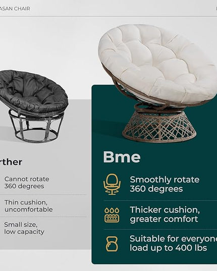 Bme 40" Ergonomic Wicker Papasan Chair with Soft Thick Density Fabric Cushion, High Capacity Steel Frame, 360 Degree Swivel for Living, Bedroom, Reading Room, Lounge - LeafyLoom