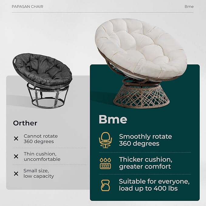 Bme 40" Ergonomic Wicker Papasan Chair with Soft Thick Density Fabric Cushion, High Capacity Steel Frame, 360 Degree Swivel for Living, Bedroom, Reading Room, Lounge - LeafyLoom