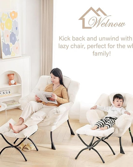 Welnow Lazy Chair with Ottoman, Modern Lounge Accent Chair with Armrests and a Side Pocket, Leisure Upholstered Sofa Chair Set, Reading Chair with Footrest for Small Space, Corner Chair, Pink - LeafyLoom