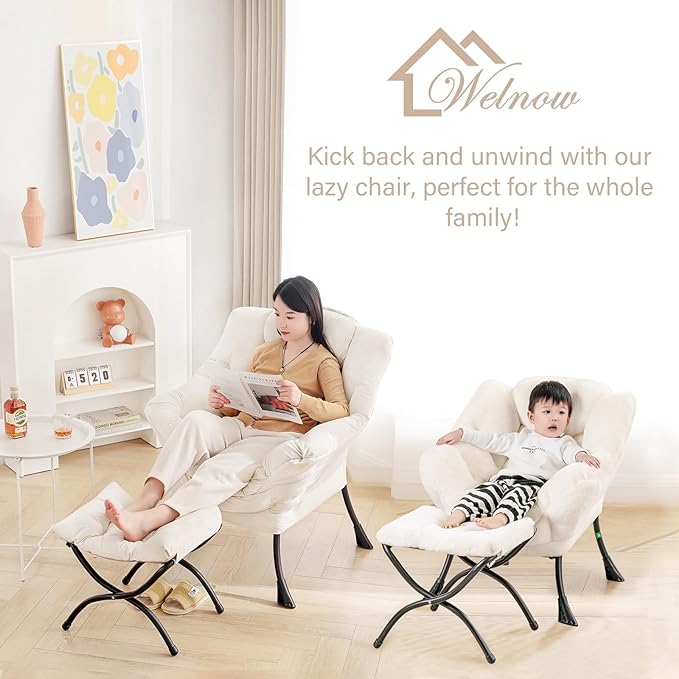 Welnow Lazy Chair with Ottoman, Modern Lounge Accent Chair with Armrests and a Side Pocket, Leisure Upholstered Sofa Chair Set, Reading Chair with Footrest for Small Space, Corner Chair, Pink - LeafyLoom