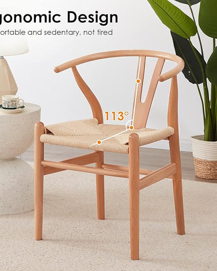 Farini Rattan Chairs for Dining Room Wishbone Chair Solid Wood Armchairs Y Shaped Backrest Hemp Seat for Home Restaurant Fully-Assembled(Set of 2,Nature-Beige Seat) - LeafyLoom