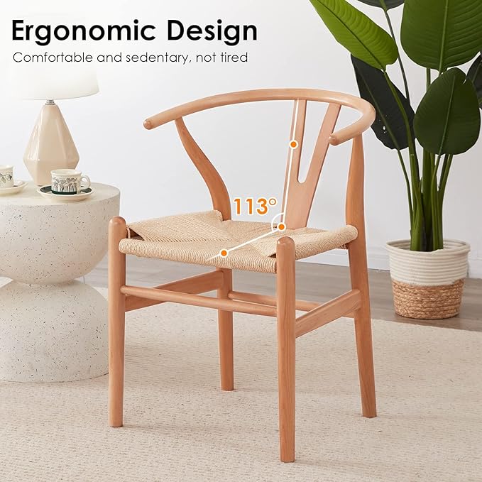 Farini Rattan Chairs for Dining Room Wishbone Chair Solid Wood Armchairs Y Shaped Backrest Hemp Seat for Home Restaurant Fully-Assembled(Set of 2,Nature-Beige Seat) - LeafyLoom