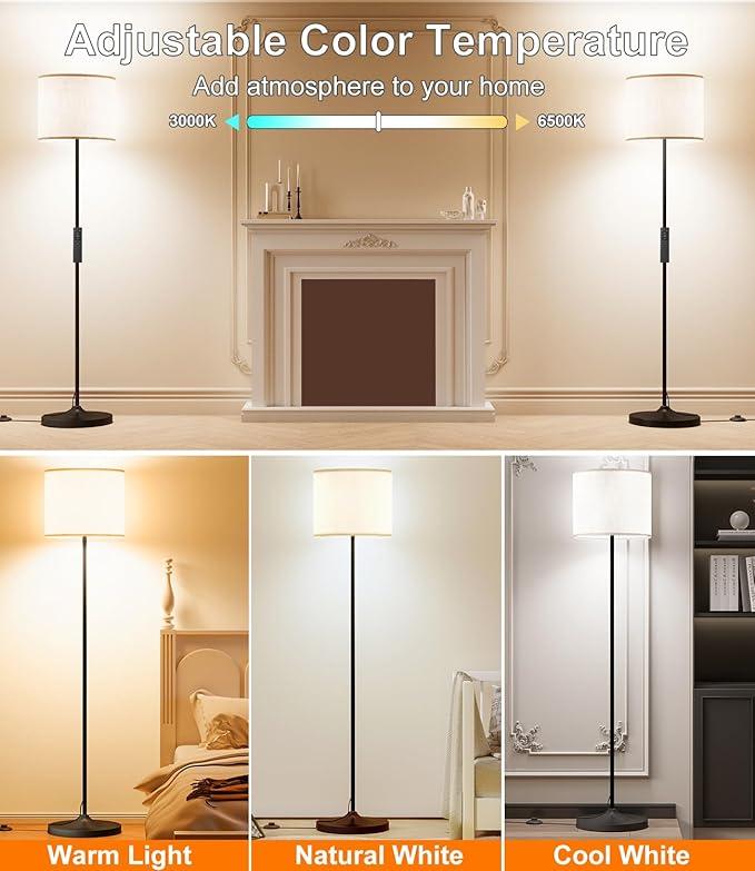 LED Floor Lamp for Living Room,Dimmable Standing Lamps with Lampshade and LED Bulb,Custom Color Temperature Tall Lamp for Bedroom with Foot Switch and Remote,Black Pole Lamp for Kid Room - LeafyLoom
