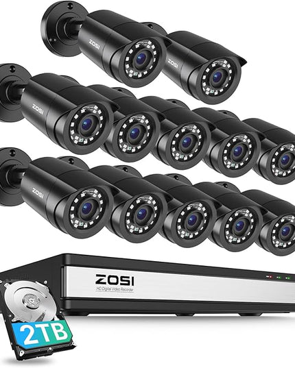 ZOSI 3K Lite 16CH Security Camera System,12pcs Wired 1080P Outdoor Indoor Weatherproof Cameras,AI Human Vehicle Detection,Night Vision,H.265+ 16 Channel CCTV DVR with 2TB HDD for 24/7 Recording ZOSI