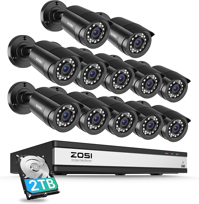ZOSI 3K Lite 16CH Security Camera System,12pcs Wired 1080P Outdoor Indoor Weatherproof Cameras,AI Human Vehicle Detection,Night Vision,H.265+ 16 Channel CCTV DVR with 2TB HDD for 24/7 Recording ZOSI