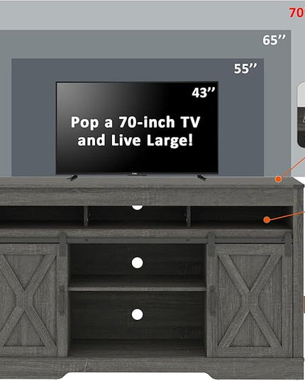 Farmhouse TV Stand with Sliding Barn Door for TVs up to 65+ Inch, 34" Tall Entertainment Center, Wood Media Console Storage Cabinet for Bedroom, Living Room, Dark Grey - LeafyLoom