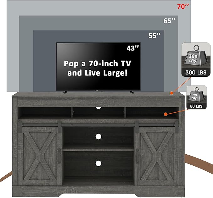 Farmhouse TV Stand with Sliding Barn Door for TVs up to 65+ Inch, 34" Tall Entertainment Center, Wood Media Console Storage Cabinet for Bedroom, Living Room, Dark Grey - LeafyLoom