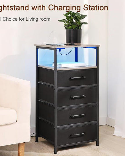 Nightstands Set of 2, Large End Tables Living Room, Bed Side Tables with Charging Station, 30" Tall Night Stand with 4 Fabric Drawers and LED Light Strip for Bedroom HNS014GY - LeafyLoom