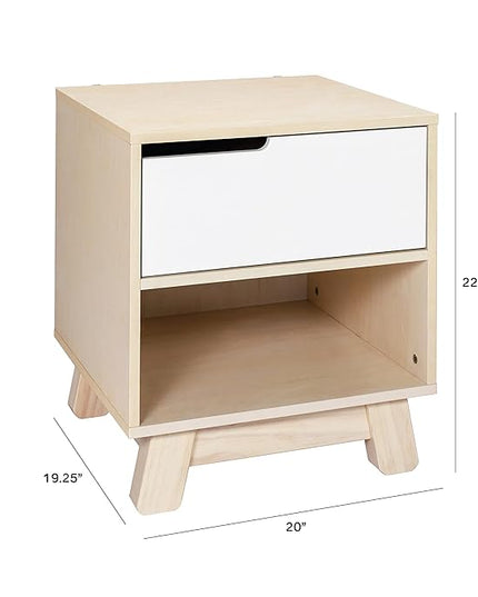 Babyletto Hudson Nightstand with USB Port in Washed Natural and White, 1 Drawer and Storage Cubby - LeafyLoom