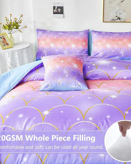 PERFEMET Mermaid Scales Queen Comforter Set 6 Pieces Purple Orange Comforter for Queen Size Bed Teen Girls Glitter Bedding Set Rainbow Tie Dye Bed in A Bag - LeafyLoom