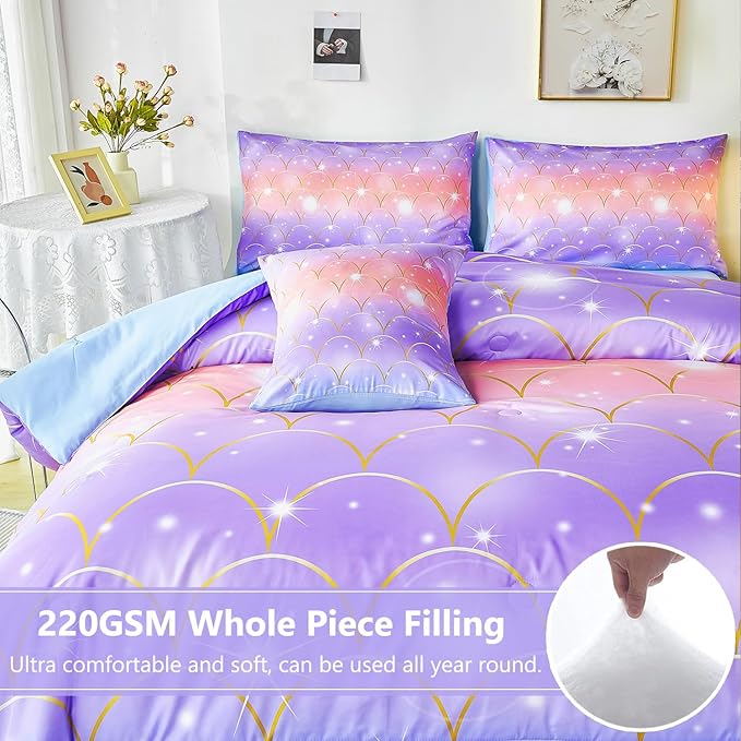 PERFEMET Mermaid Scales Queen Comforter Set 6 Pieces Purple Orange Comforter for Queen Size Bed Teen Girls Glitter Bedding Set Rainbow Tie Dye Bed in A Bag - LeafyLoom
