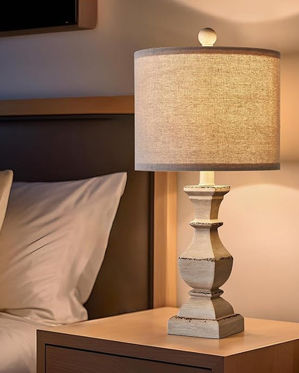 PoKat 20.5" Farmhouse Table Lamp, Vintage Bedside Lamps for Bedroom, Rustic Small End Table Lamps for Living Room, Traditional Nightstand Desk Lamps Distressed Washed White, Suitable for Small Place - LeafyLoom