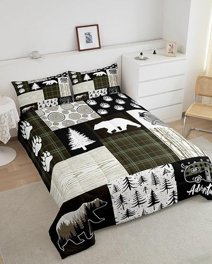 Bear Comforter Set Full Size,Pine Trees Animals Hunting Bedding Set for Kids Boys Girls Adults Room Decor,Camping Adventure Rustic Farmhouse Down Comforter,Green Plaids Duvet Insert,2 Pillowcases - LeafyLoom