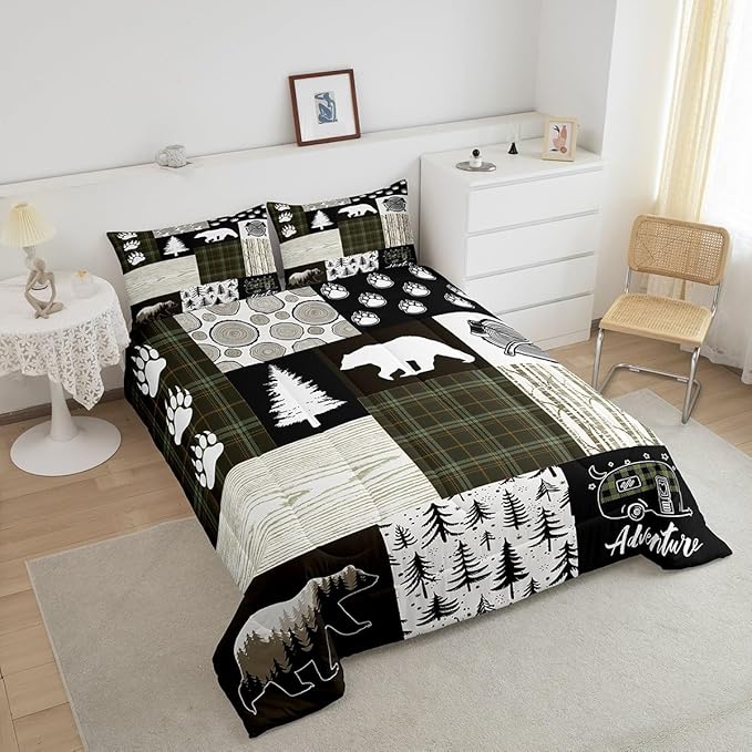 Bear Comforter Set Full Size,Pine Trees Animals Hunting Bedding Set for Kids Boys Girls Adults Room Decor,Camping Adventure Rustic Farmhouse Down Comforter,Green Plaids Duvet Insert,2 Pillowcases - LeafyLoom