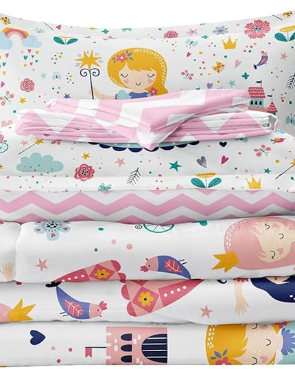 Girls Twin Bedding Sets, Kids Comforter Set for Teens w/Sheets and Pillowcase, Soft Reversible Cartoon Princess Bed in a Bag Sets - LeafyLoom