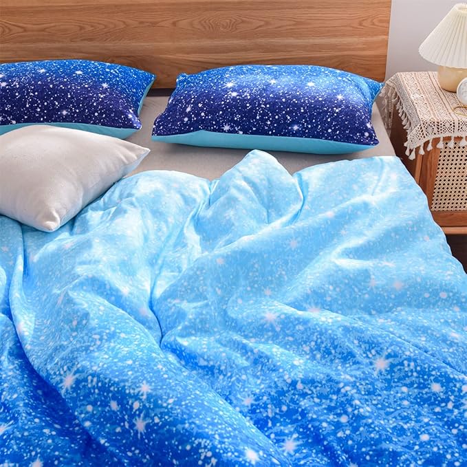 Holawakaka Kids Space Star Galaxy Bedding Comforter Set Twin/Twin XL Size Boys Girls Blue Indigo Ombre Print Gradient Glitter Stars Bed Sets (Blue, Twin) - LeafyLoom