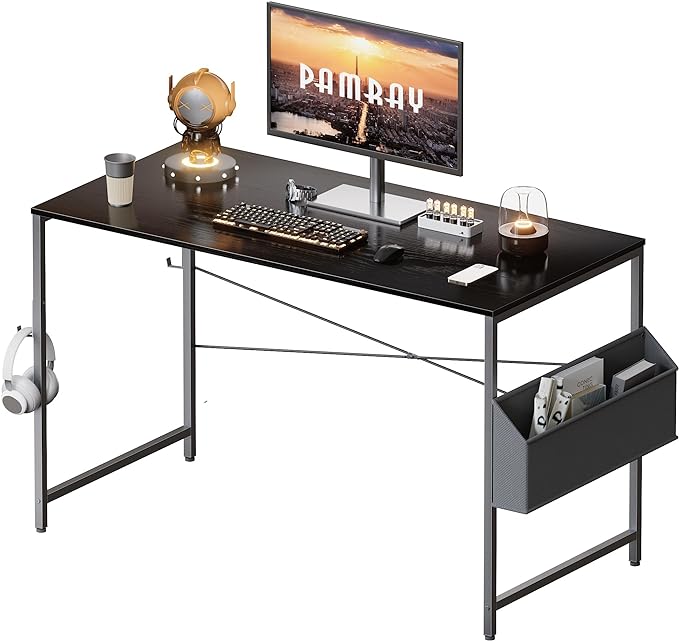 Pamray 47 Inch Computer Desk Small Spaces Desk with Storage Bag for Bedroom Writing and Home Office Work Small Study Desk Table Blcak - LeafyLoom