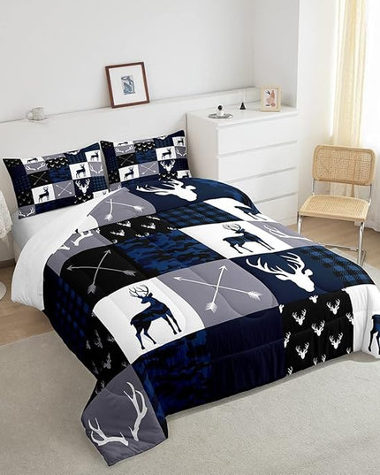Manfei Camo Deer Antlers Comforter Set Twin,Geometric Plaid Patchwork Bedding Set 2pcs for Kids Teens Girls Boys Room Decor,Boho Arrow Xmas Quilt Set,Blue Grey Duvet Insert with 1 Pillowcase - LeafyLoom