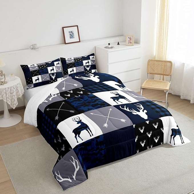 Manfei Camo Deer Antlers Comforter Set Twin,Geometric Plaid Patchwork Bedding Set 2pcs for Kids Teens Girls Boys Room Decor,Boho Arrow Xmas Quilt Set,Blue Grey Duvet Insert with 1 Pillowcase - LeafyLoom